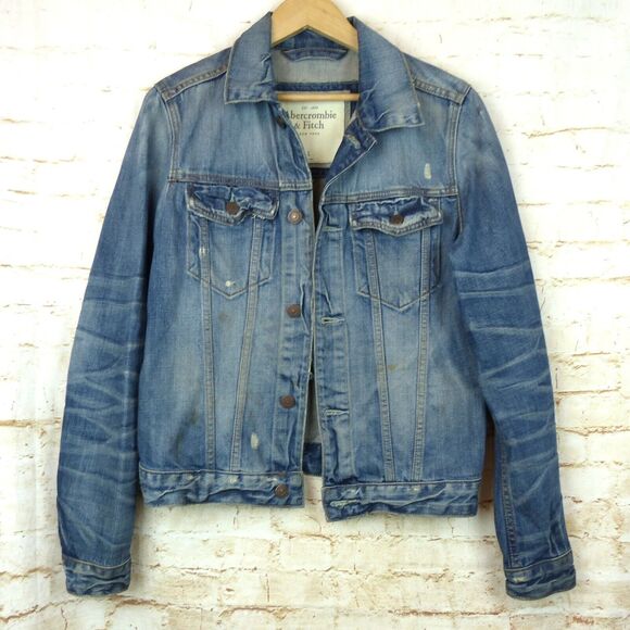 VTG Abercrombie & Fitch Trucker Jacket Men L Slim Blue Denim Wash Distress Y2K - Picture 4 of 14